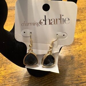 Charming Charlie Gold tone drop earrings with a black Onyx inspired crystal. New